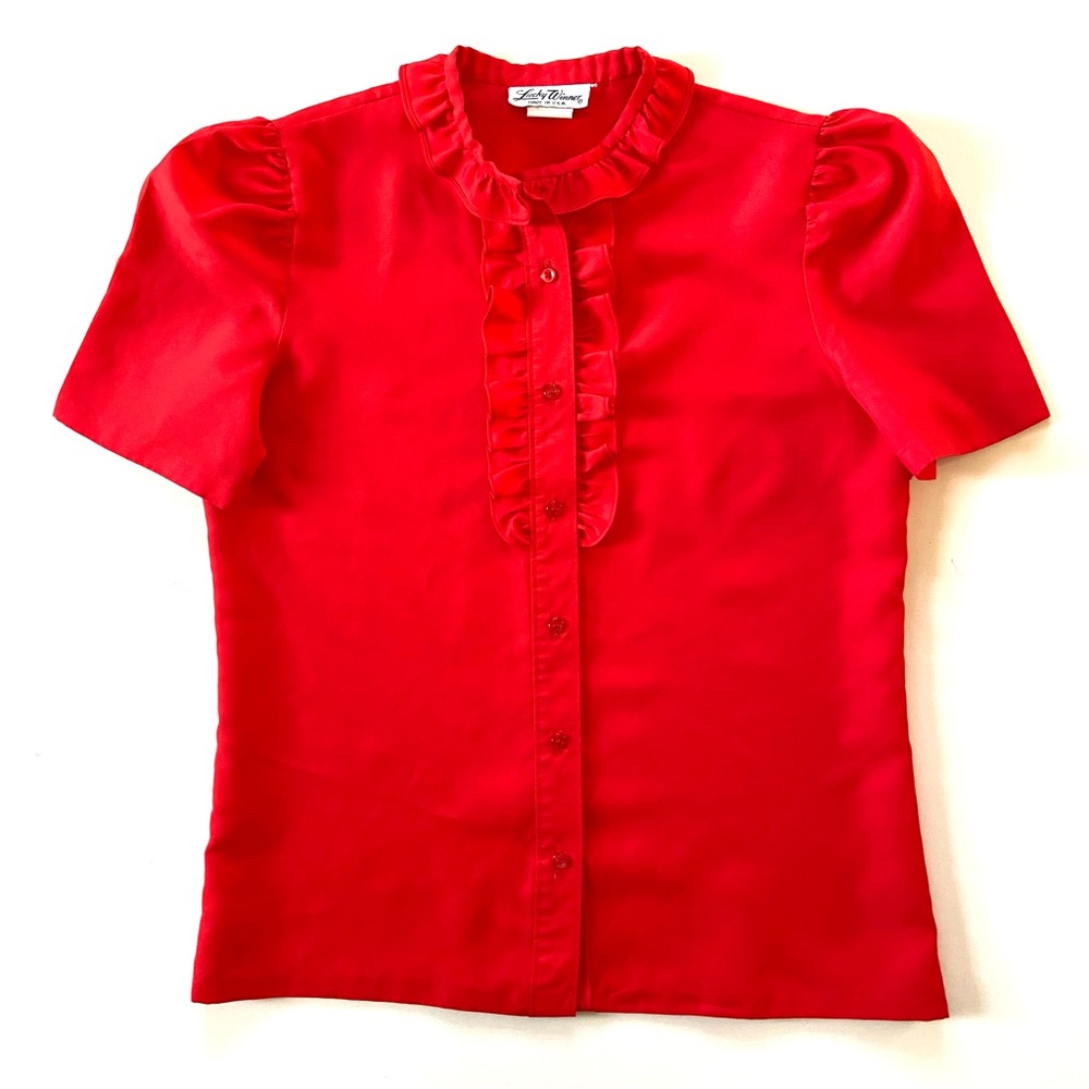 Vintage Retro Bright Red Shiny Ruffle Button Down Short Sleeve Blouse Top